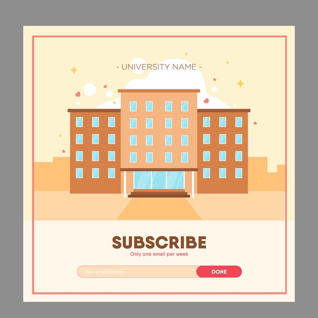 Online newsletter for university vector illustration. Email marketing for education and subscribe button. Buildings and architecture concept