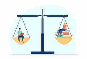 Free vector online and offline learning comparison. students with laptop or stack of books on balance scale. cartoon illustration