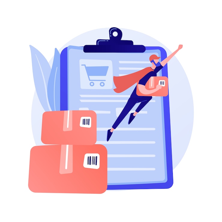Free Vector online order delivery service, shipment. internet shop basket, cardboard boxes, buyer with laptop. delivery note on monitor screen and parcel.