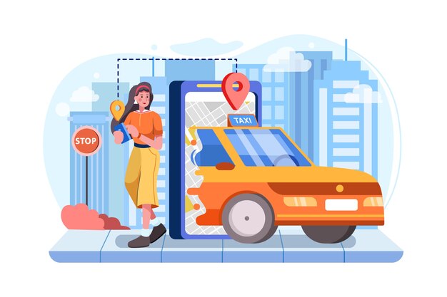スマートフォンレンタカー の地図を持つ男 電話でカーシェアリングアプリを使用し 車両を検索しているドライバー 交通機関 交通機関 都市交通 ロケーションアプリの概念のベクトル イラスト 無料のベクター