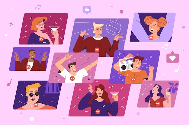Плоская векторная иллюстрация онлайн-вечеринки. счастливые люди с шампанским танцуют и общаются онлайн. виртуальная встреча с друзьями, празднование дня рождения по интернету. праздничное мероприятие из дома по видеосвязи.