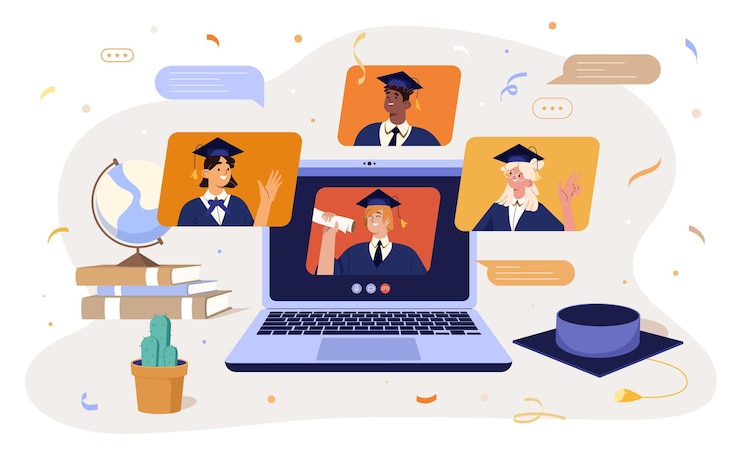 Free Vector online party with graduate students for celebrating graduation from university