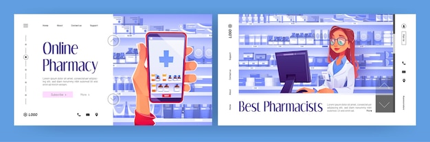 オンライン薬局の漫画のランディングページ、インターネットで薬を注文するためのアプリケーションを備えたスマートフォンを持っています。薬の棚の近くのドラッグストアの薬剤師、医療製品のベクトルのWebバナー
