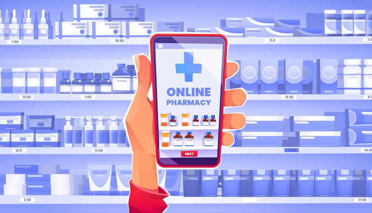 Free Vector online pharmacy concept, hand holding smartphone