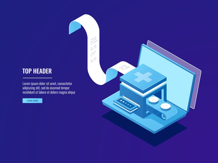 Free Vector online pharmacy, drug manufacturing factory, pipeline of pills, prescription on drugs, laptop