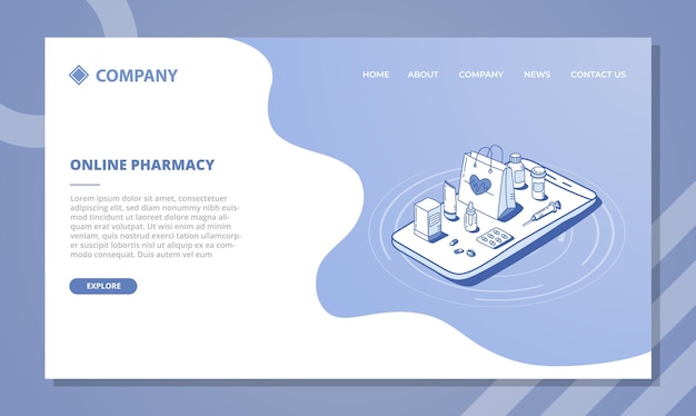 Concetto di negozio di farmacia online per modello di sito web o homepage di destinazione con stile isometrico e contorno
