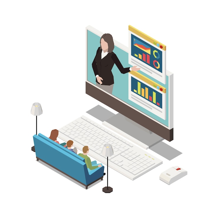 Free Vector online presentation in a living room with computer and presenter