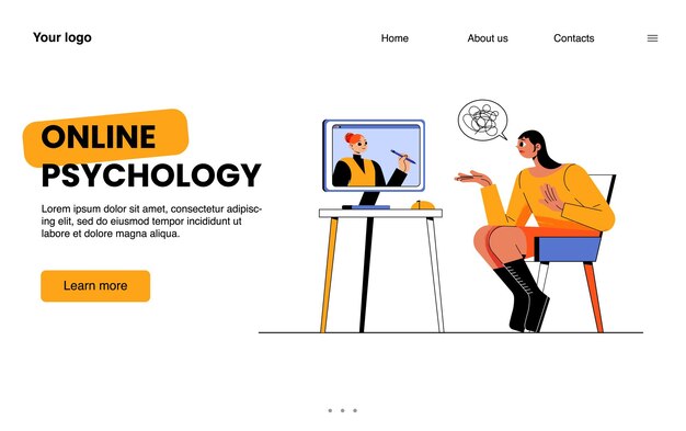 Online psychology landing page Depressed woman with tangled thoughts consulting with therapist on computer screen Distant mental helpline with psychologist Cartoon flat vector line art web banner