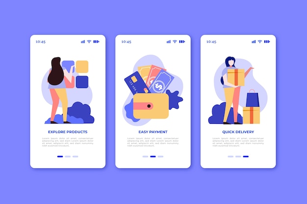 Online purchase onboarding app screens