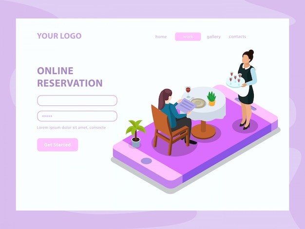 Free vector online reservation waiter and customer at table on mobile device screen isometric web page