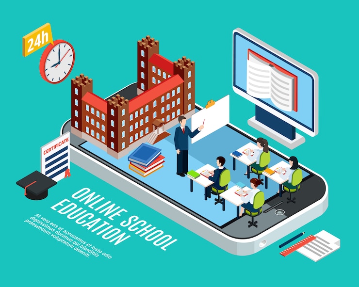 Free Vector online school education isometric concept with students at lesson computer and smartphone 3d vector illustration