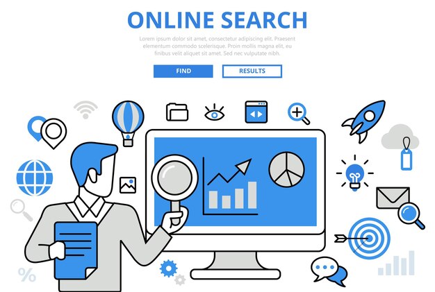 Online search results promotion SEO analytics promo concept flat line art  icons.