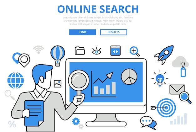 Online search results promotion SEO analytics promo concept flat line art  icons.