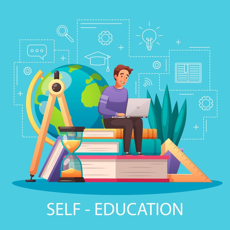 मुफ़्त वेक्टर online self education cartoon illustration with sitting on textbooks man with laptop outline style 