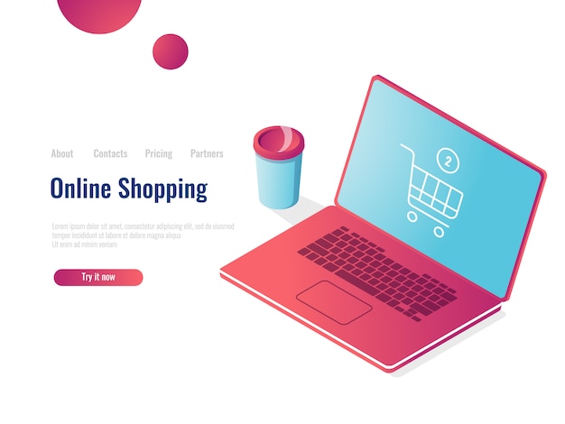온라인 상점 아이소 메트릭 아이콘, 쇼핑 바구니와 노트북, 주문 구매