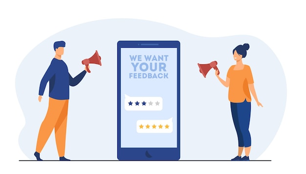 Online shop managers asking clients for feedback. Screen, rate, people with megaphone. Cartoon illustration