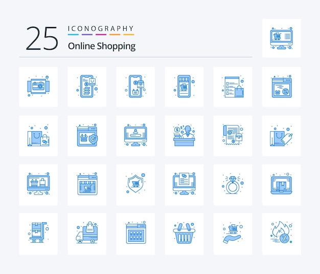 Free vector online shopping 25 blue color icon pack including clipboard cart shopping online shop shopping