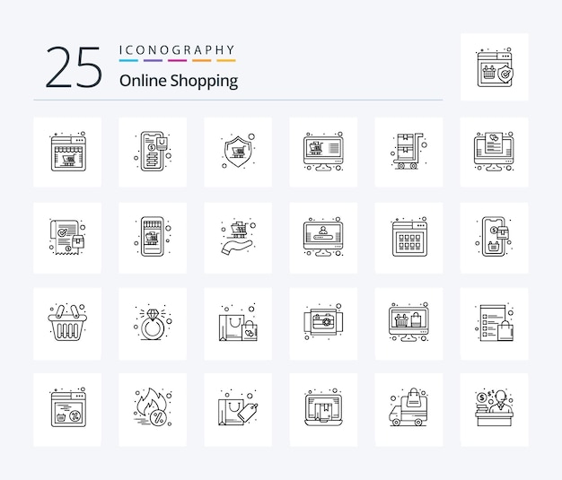 Free vector online shopping 25 line icon pack including list shop buy online warranty