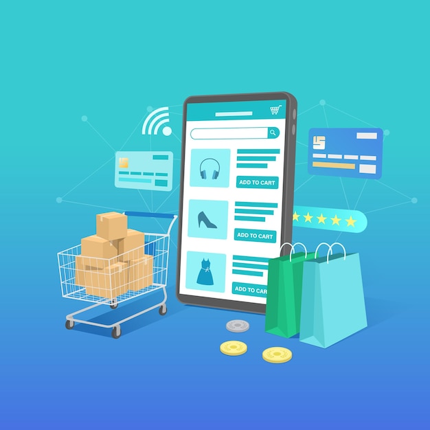온라인 쇼핑 배너, 모바일 앱 템플릿, 개념 평면 디자인
