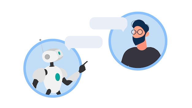 Online shopping banner. a robot in dialogue with a guy. suitable for apps, sites and topics related to automatic replies and artificial intelligence. vector.