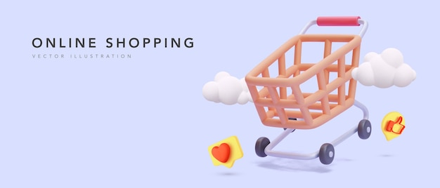 Online shopping banner with 3d shopping cart, clouds and social icons. vector illustration