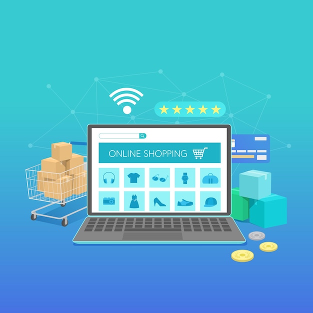 Banner dello shopping online con laptop, concept design piatto