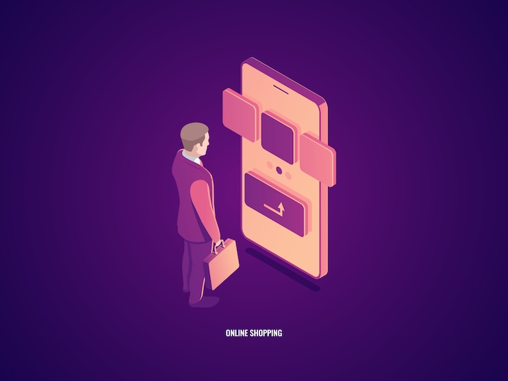 Free Vector online shopping concept, man stray with smartphone, customer choose product 