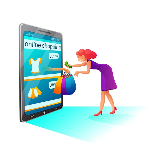 Vettore gratuito illustrazione dello shopping online donna sorridente utilizza lo smartphone per acquistare vestiti il personaggio dei cartoni animati fa acquisti elemento di design isolato servizio mobile per l'acquisto ragazza ottiene borse della spesa