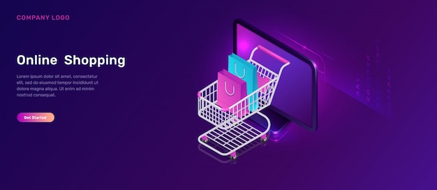 Online shopping isometric concept, shopping cart