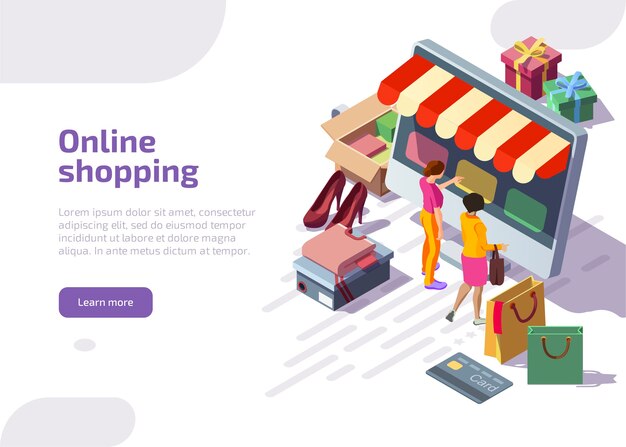 Online shopping isometric landing page, customers purchasing in digital store.