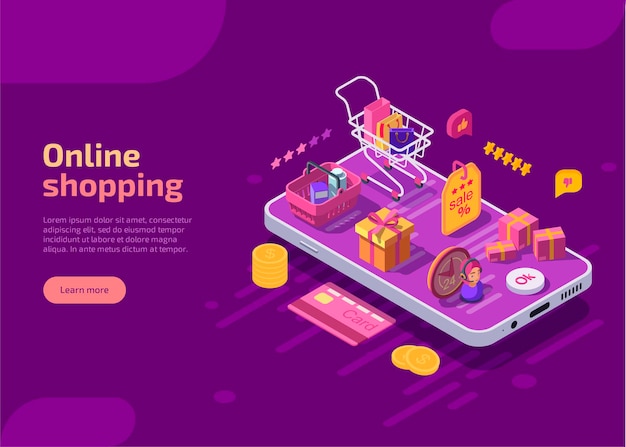 Modello di pagina di destinazione isometrica dello shopping online, banner web su sfondo viola.