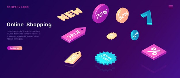 Online shopping landing page with sale icons