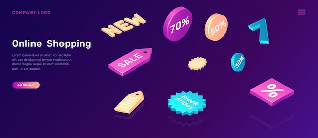 Online shopping landing page with sale icons