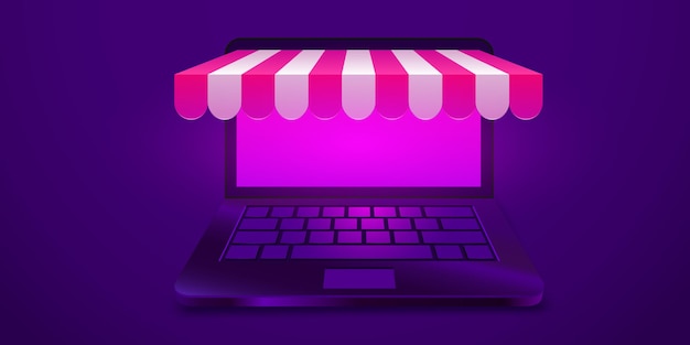 Online shopping open laptop with awning online store concept banner for marketing and promotion ecom...