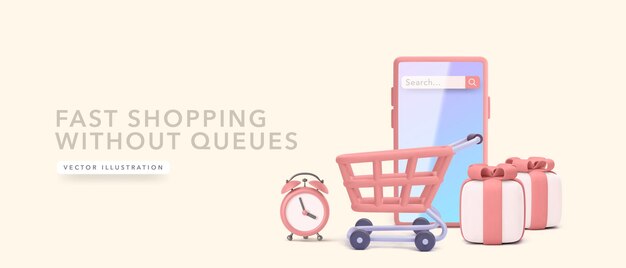 Online shopping poster with realistic alarm clock product cart gifts phone Vector illustration