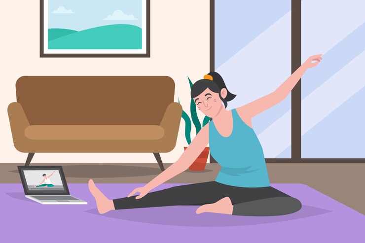 무료 Vector 스트레칭 운동을하는 온라인 스포츠 클래스 사람