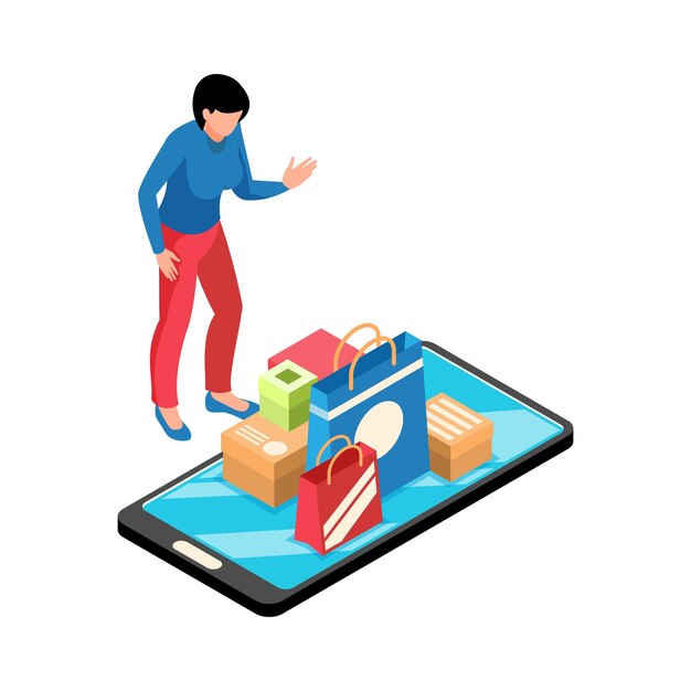 스마트폰 화면에 여성 캐릭터 쇼핑백과 상자가 있는 온라인 상점 아이소메트릭 그림