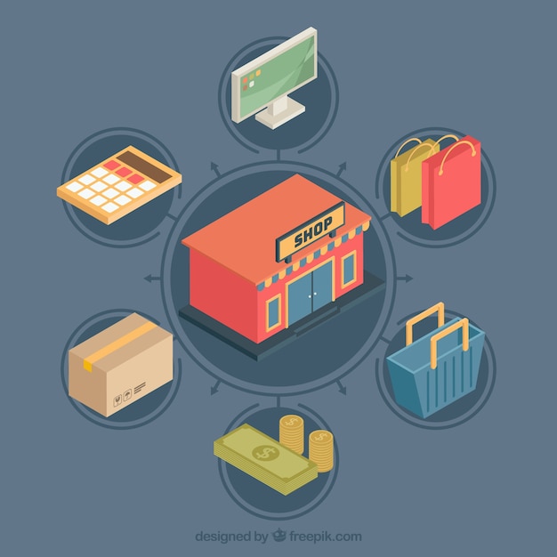 Free vector online store with isometric purchase items