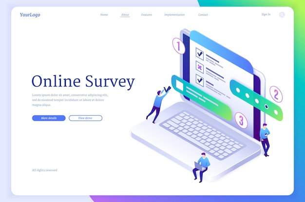 Free vector online survey isometric landing page tiny people fill online form on huge laptop with test quiz or e...