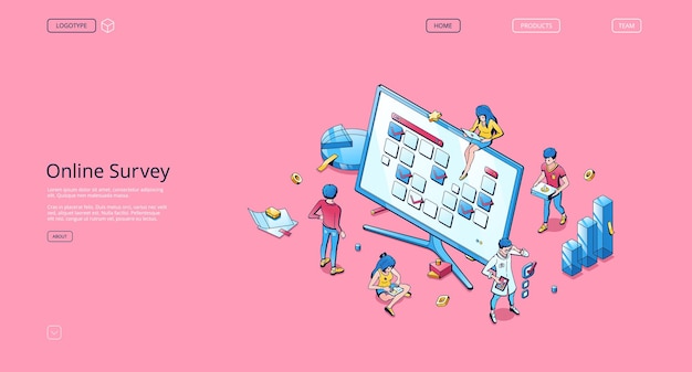 Free vector online survey isometric landing page, tiny people fill online form on huge pc desktop with task, quiz or exam checklist on screen, questionnaire results or internet test 3d vector line art web banner