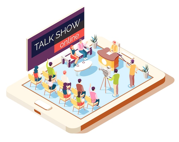 Online talk show isometric composition with operators and guests illustration