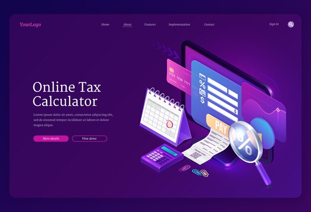 オンライン税計算機バナー。所得監査、デジタル財務分析、および納税の概念。コンピューターモニター、領収書、クレジットカードの等尺性会計フォームのランディングページ