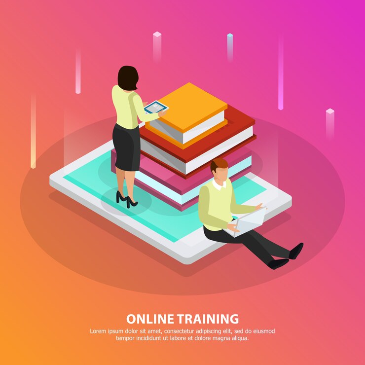 Free Vector online training design concept with male and female persons and stack of tutorials on smartphone screen isometric 