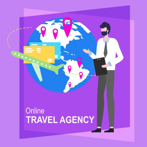 Online Travel Agency Cartoon Man Worker Vector Illustration. 