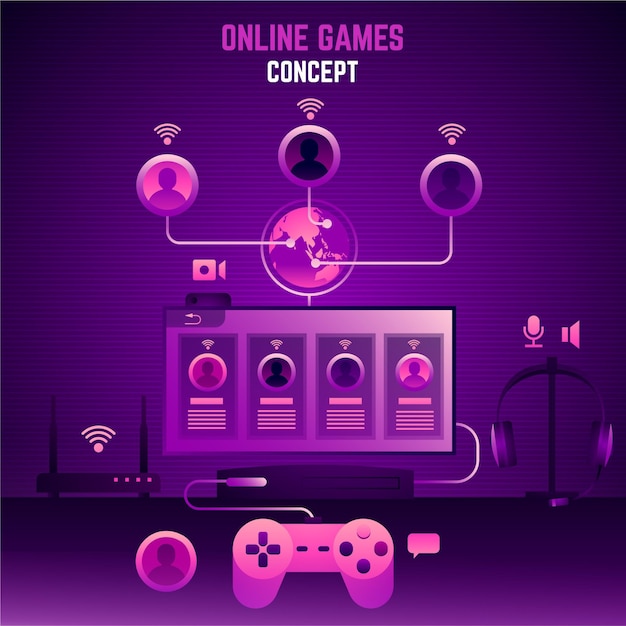 Free vector online video games and users concept