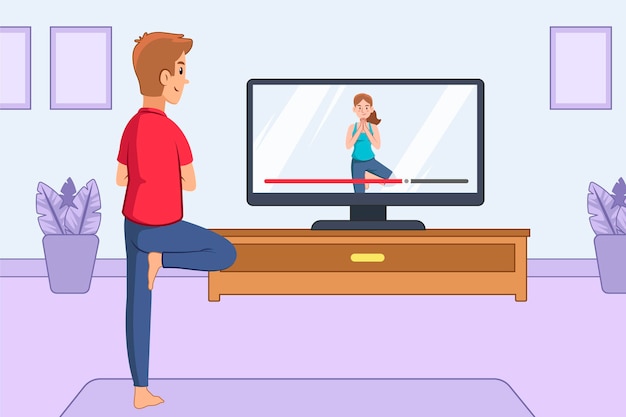 Concetto di classe di yoga online con uomo e tv