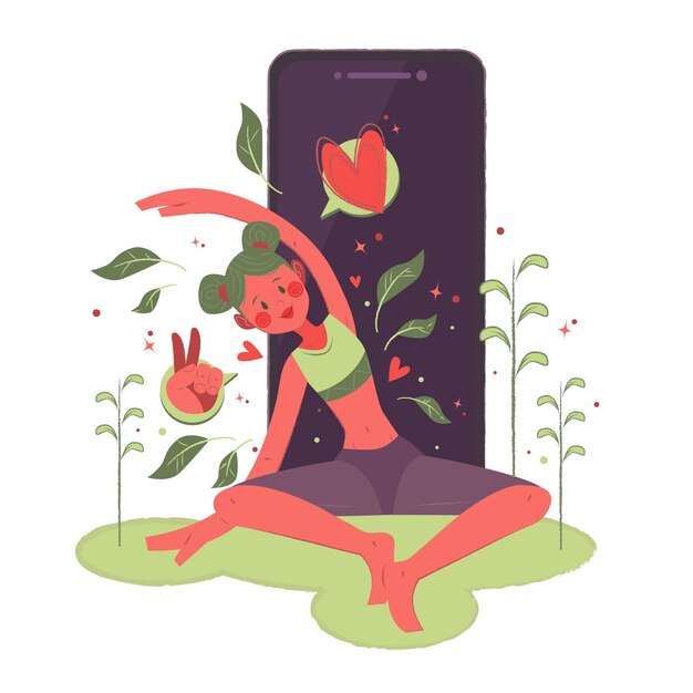 Концепция занятий йогой онлайн с женщиной и смартфоном