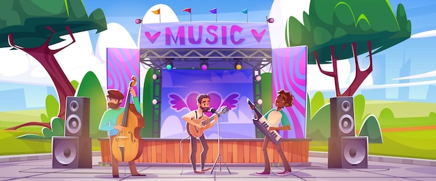 Vettore gratuito band di un festival musicale all'aperto in un parco con palco