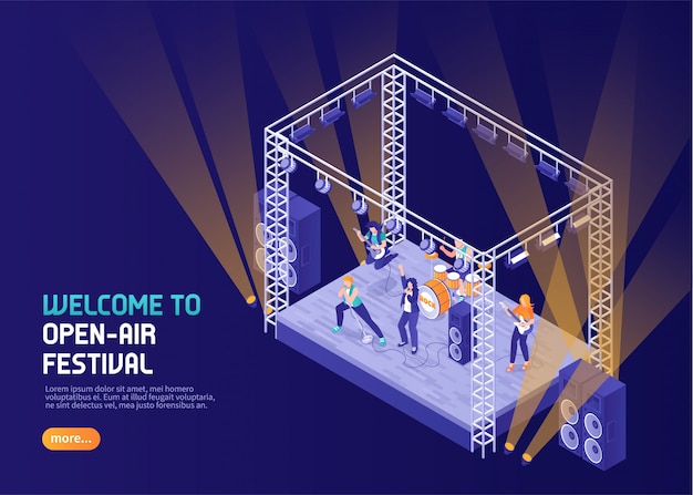 Free vector open air music festival color  with musicians performing  on stage in spotlight isometric