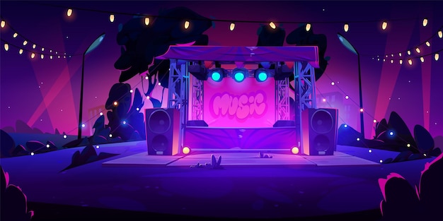 Free vector open air music festival stage with speakers and spotlights at night cartoon vector illustration of summer dusk public city park landscape with empty musician performance scene with glowing lamps